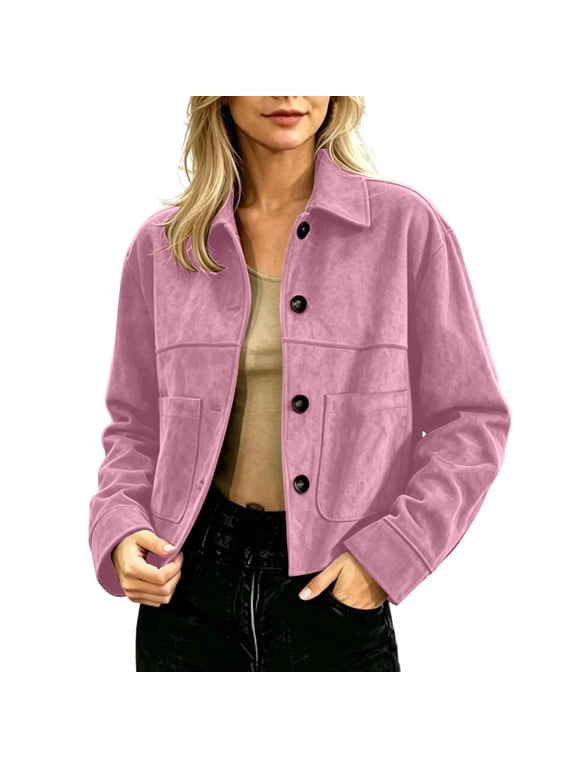 Jackets for Womens Short Suede Jacket Loose Fit Button Down Long Sleeve Casual Shacket, S-3XL