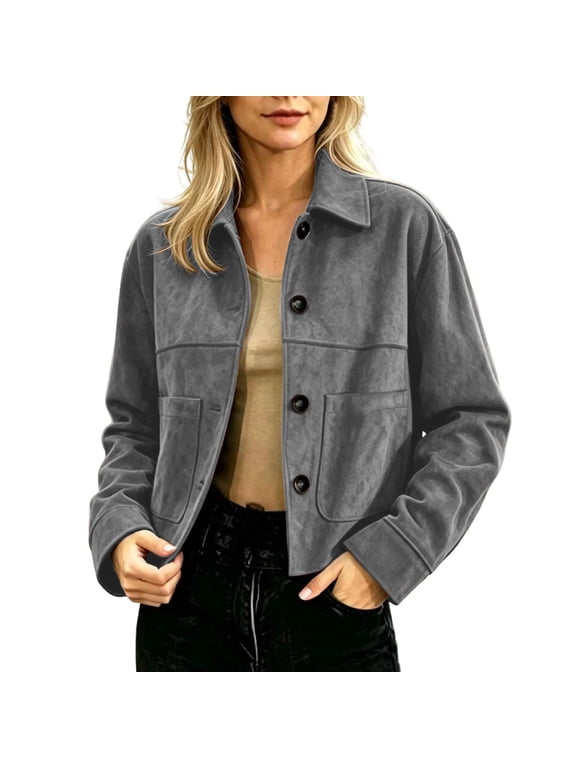 Jackets for Womens Short Suede Jacket Loose Fit Button Down Long Sleeve Casual Shacket, S-3XL