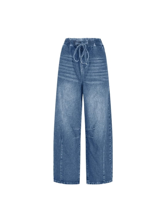 Jeans for Women Casual High Waist Stretch Drawstring Loose Fit Jeans with Pockets,Size S-2XL