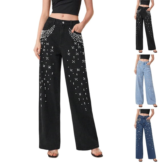 Cekizud Jeans for Women Casual High Waisted Wide Leg Rhinestone Embellished Denim Pants,Size XS-2XL