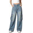thumbnail image 1 of Cekizud Jeans for Women Loose Denim Pants Mid Rise Side Flap Cargo Pockets Wide Leg Casual Pants, S-XL, 1 of 6