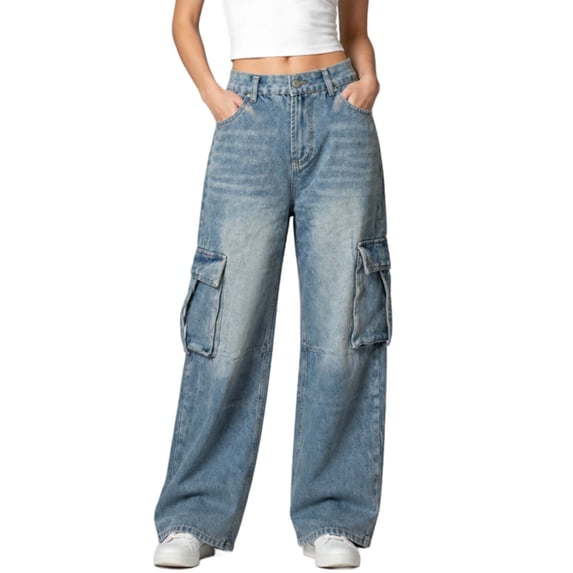 Cekizud Jeans for Women Loose Denim Pants Mid Rise Side Flap Cargo Pockets Wide Leg Casual Pants, S-XL