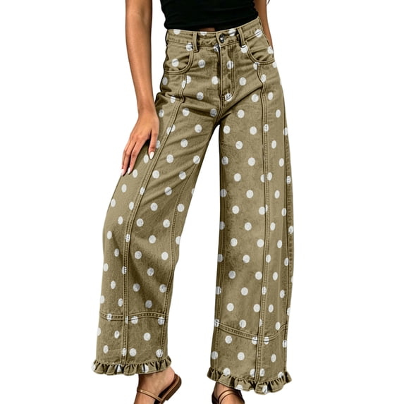 Cekizud Jeans for Women Olive Polka Dot High Waist Ruffle Hem Wide Leg Denim Pants Boho Pants, S-L