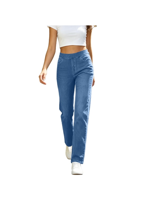 Jeans for Women Pull‑On Elastic High Waist Straight Leg Denim Pants Soft Stretch Pants, S-2XL