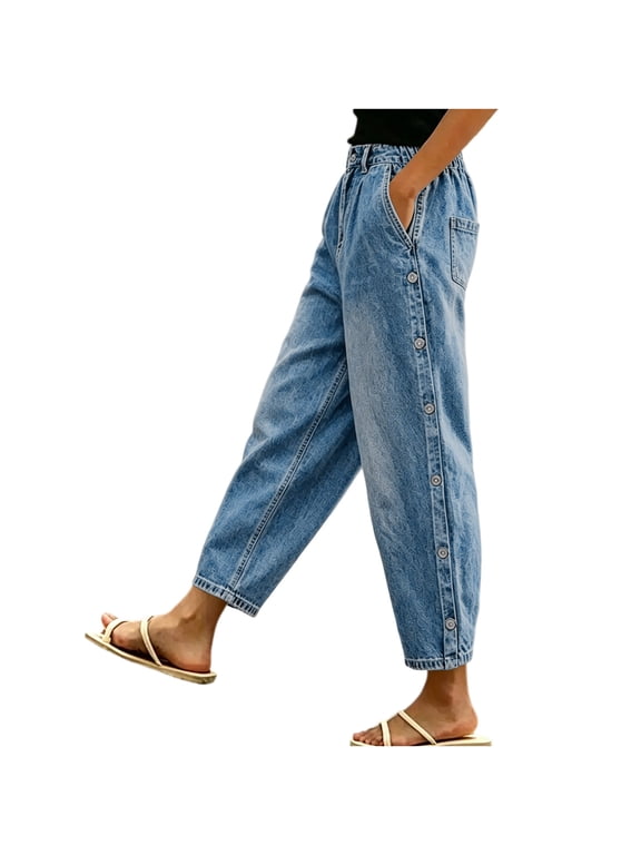 Jeans for Women Relaxed Fit Denim Pants Elastic Waist Cropped Tapered Pants with Pockets, S-2XL