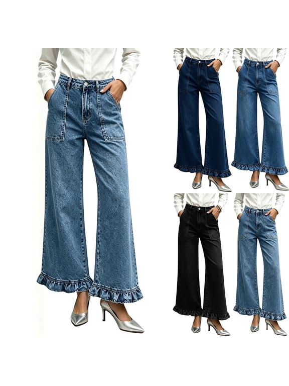Jeans for Women Ruffle Wide Leg Jeans Cropped High Waisted Trendy Denim Pants with Pockets, S-2XL