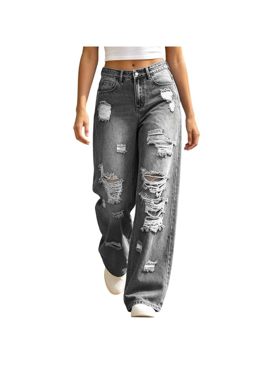 Jeans for Women Trendy High Rise Heavily Ripped Wide Leg Denim Pants Y2K Street Pants, XS-2XL