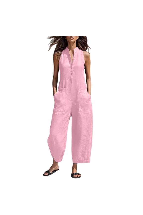 Jumpsuits for Women Collared Sleeveless Front Button Baggy Tapered Jumpsuits Resort Sightseeing Overalls with Pockets, Sizes S-2XL