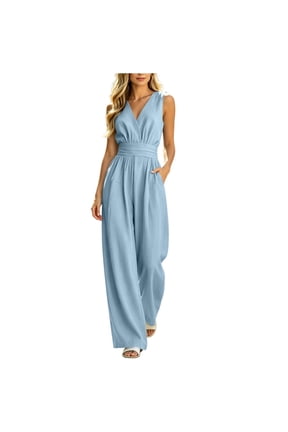 Jumpsuits for Women Dressy Casual Rompers V Neck Flowy Wide Leg Overalls Jumpers with Pockets, Sizes S-2XL