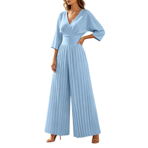Cekizud Jumpsuits for Women Wrap V Neck 3/4 Sleeve Gathered Waist Flowy Pleated Wide Leg Rompers Wedding Guest One Piece Outfits, Sizes S-2XL