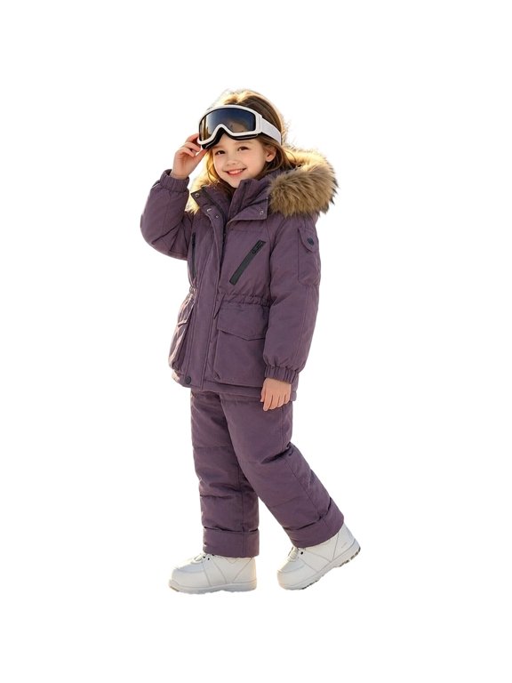 Kids 2 Piece Ski Suit Set Hooded Faux Fur Parka Jacket and Snow Pants Windproof Winter Outfit for Boys Girls