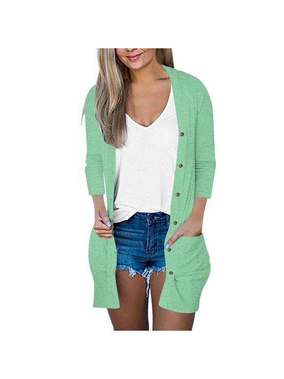 Lightweight Cardigan for Women 3/4 Sleeve Button Down Open Front Knit Outerwear Tops with Pockets, S-3XL