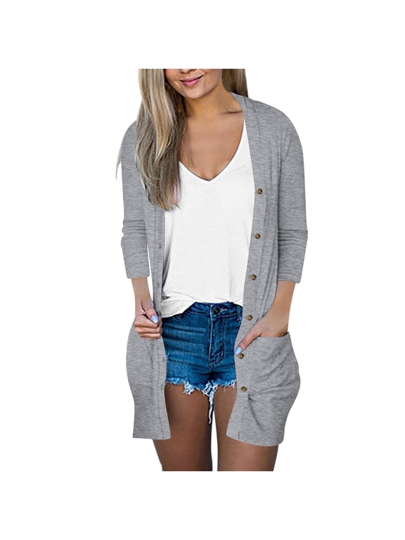 Lightweight Cardigan for Women 3/4 Sleeve Button Down Open Front Knit Outerwear Tops with Pockets, S-3XL