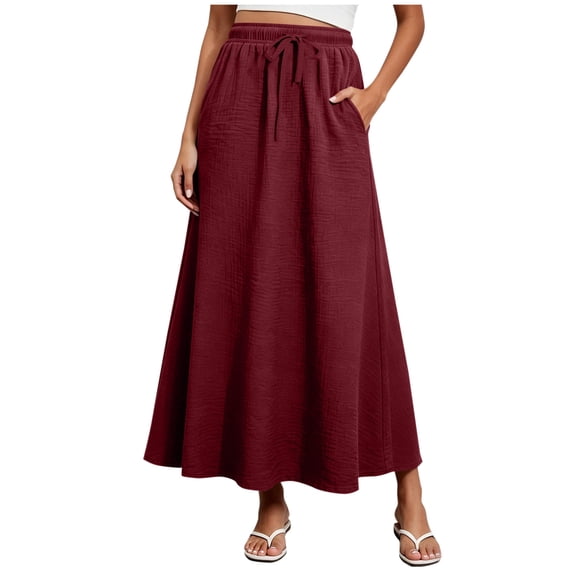 Cekizud Long Skirts for Women Drawstring Elastic Waist Cotton Linen Loose Ankle Length Skirt,Sizes S-2XL