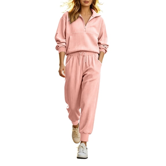 Cekizud Lounge Sets for Women 2 Piece Outfits Ribbed Knit Half Zip Pullover and Jogger Pants Casual Sweatsuit with Pockets, S-3XL