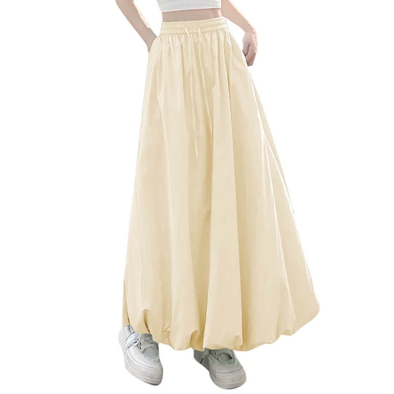 Cekizud Maxi Skirts for Women Drawstring Waist Puffy Hem A-Line Balloon Skirt with Pockets,Sizes S-XL
