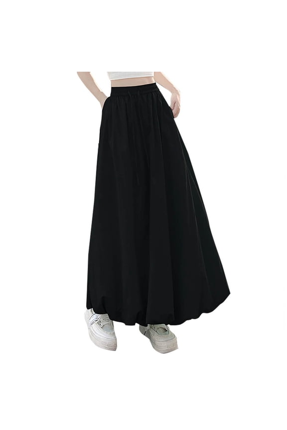 Maxi Skirts for Women Drawstring Waist Puffy Hem A-Line Balloon Skirt with Pockets,Sizes S-XL