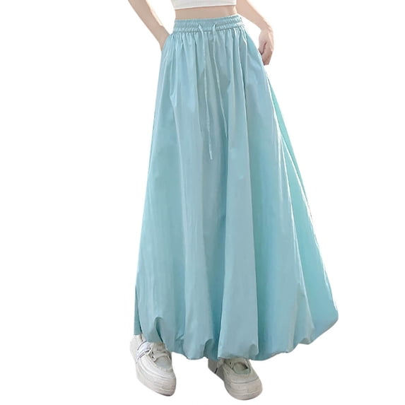 Cekizud Maxi Skirts for Women Drawstring Waist Puffy Hem A-Line Balloon Skirt with Pockets,Sizes S-XL