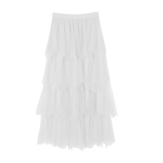 Cekizud Midi Skirts for Women Elastic Waist Tiered Tulle Skirt Asymmetrical Flowy A Line Party Style,Free Size