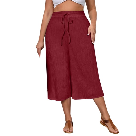Cekizud Plus Size Capri Pants for Women High Waist Drawstring Loose Fit Summer Trousers for Beach Vacation,Sizes S-5XL
