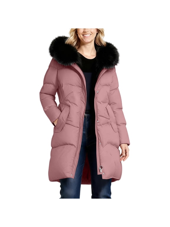 Puffer Coats for Women Mid Length Puffer Coat Hooded With Large Faux Fur Trim Winter Heavy Warm Outerwear Jacket, S-5XL