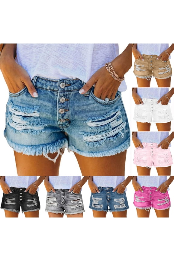 Ripped Denim Jean Shorts Women Mid Rise Summer Trendy Distressed Cut Off Shorts,Sizes S-2XL