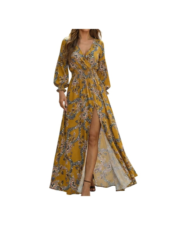 Summer Dresses for Women Boho Floral Print V Neck Long Sleeve Maxi Dress,Wedding Guest Party Chiffon Dress,Sizes S-2XL