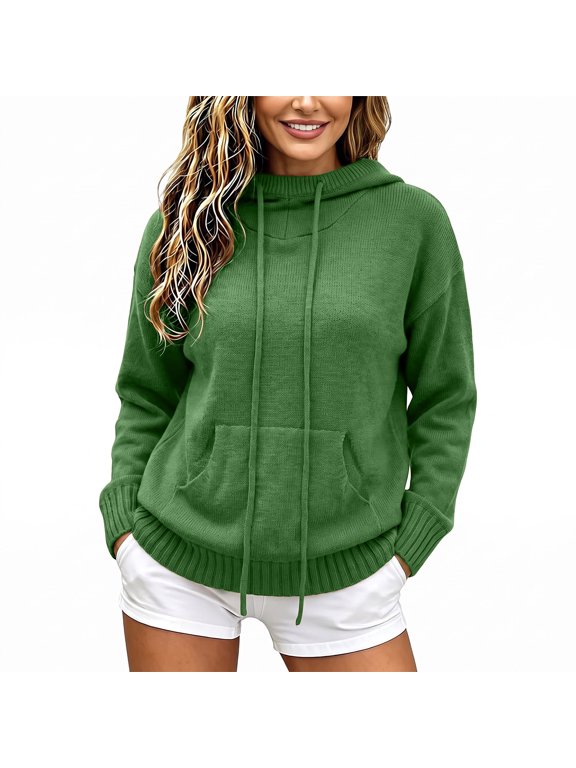 Sweaters for Women Loose Knit Hoodie Sweater Long Sleeve Drawstring Kangaroo Pocket Casual Pullover, S-3XL