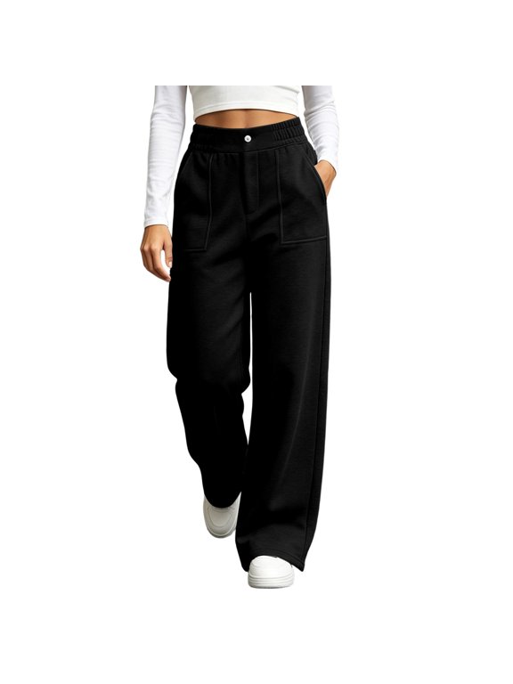 Sweatpants for Women Button Elastic Waist Wide Leg Pants with Front Patch Pockets Casual Trousers, S-3XL