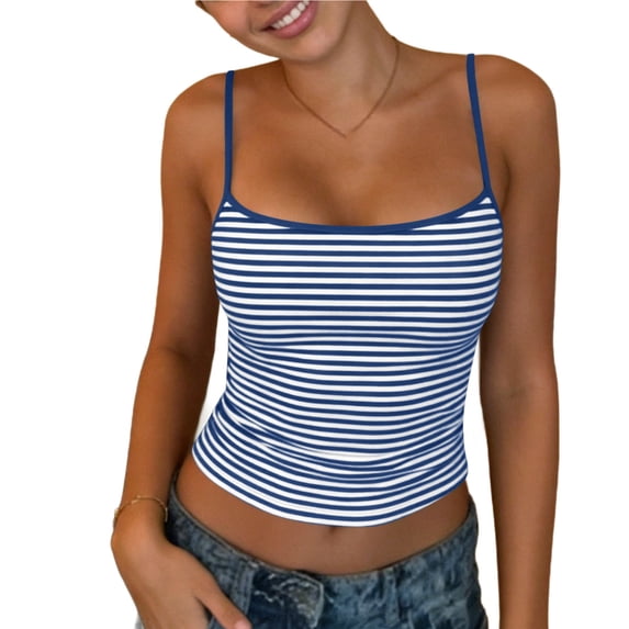 Cekizud Tank Tops for Women Round Neck Striped Summer Cami Top with Thin Straps, Sizes S-2XL