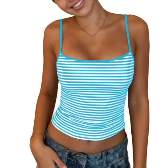 Cekizud Tank Tops for Women Round Neck Striped Summer Cami Top with Thin Straps, Sizes S-2XL