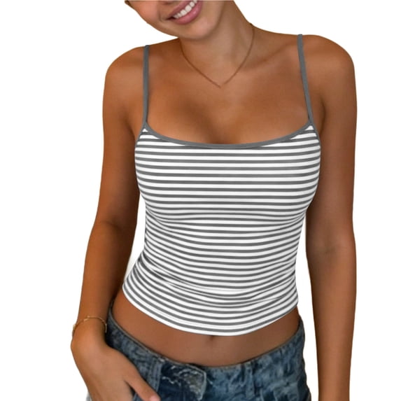 Cekizud Tank Tops for Women Round Neck Striped Summer Cami Top with Thin Straps, Sizes S-2XL