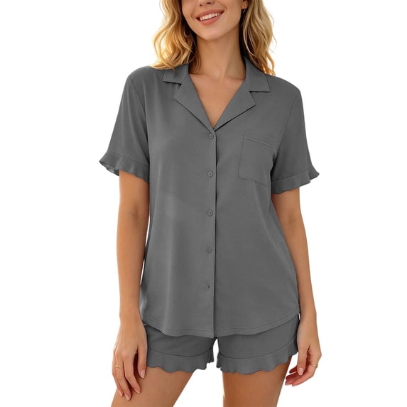 Cekizud Two Piece Sets for Women Button Down Shirt Ruffled Shorts Pajama Set Loungewear,Sizes S-2XL
