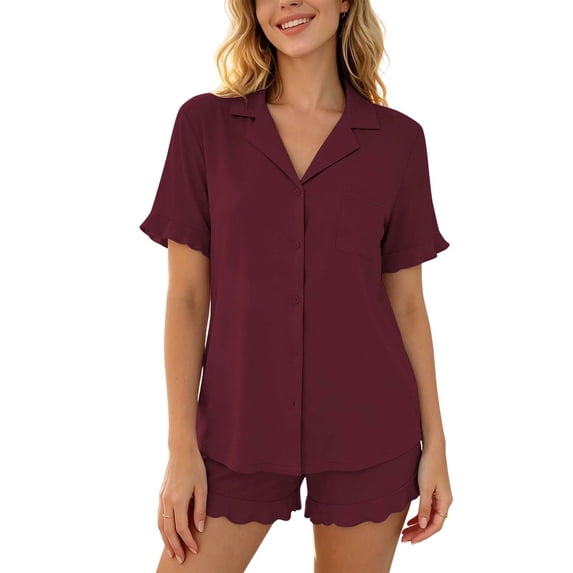 Cekizud Two Piece Sets for Women Button Down Shirt Ruffled Shorts Pajama Set Loungewear,Sizes S-2XL