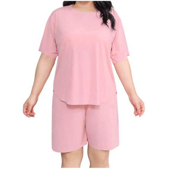 Cekizud Two Piece Sets for Women Plus Size Ice Silk Round Neck Short Sleeve Top Shorts Pajama Set,Sizes XL-5XL