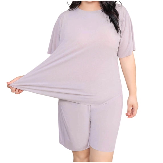 Cekizud Two Piece Sets for Women Plus Size Ice Silk Round Neck Short Sleeve Top Shorts Pajama Set,Sizes XL-5XL