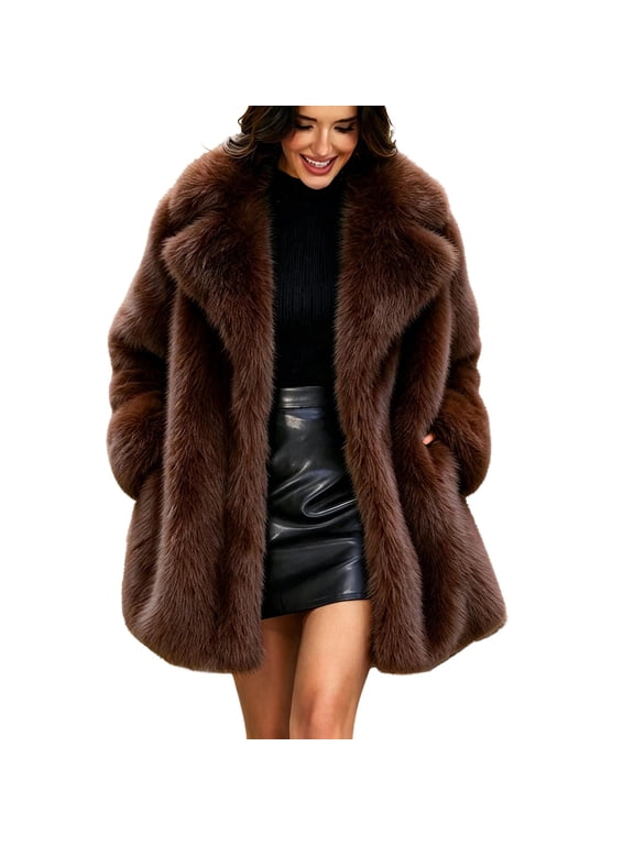 Winter Coats for Women Open Front Faux Fur Coat Side Pocket Mid Length Plush Warm Outerwear Jacket, XS-2XL