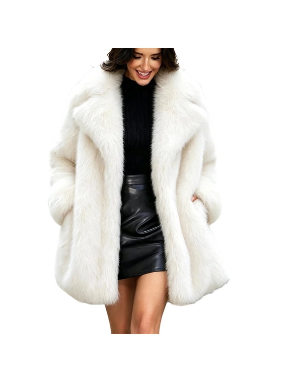Winter Coats for Women Open Front Faux Fur Coat Side Pocket Mid Length Plush Warm Outerwear Jacket, XS-2XL