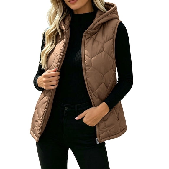 Cekizud Winter Womens Puffer Vest Solid Hooded Zip Up Sleeveless Jacket Lined Casual Outerwear with Pockets, S-2XL