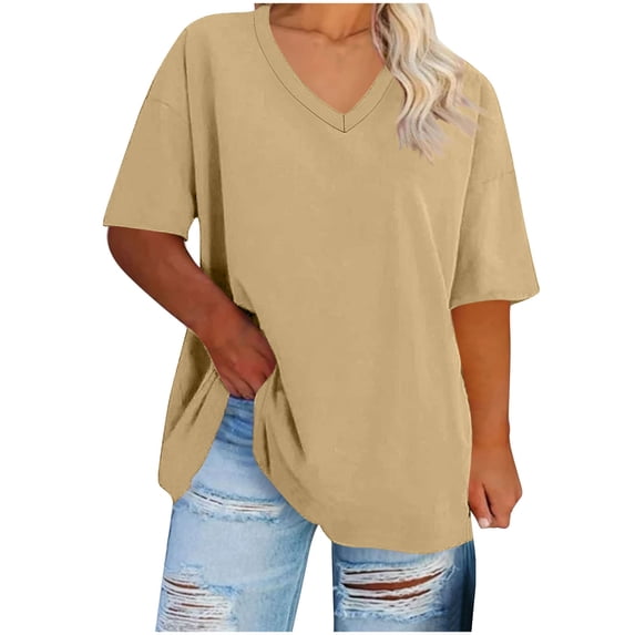 Cekizud Women's Tops Casual V-Neck Short Sleeve T-shirt Solid Fashionable Casual Loose Top,Size S-5XL