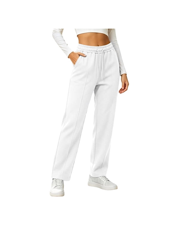 Women's Wide Leg Sweatpants Elastic High Waist Patch Pockets Cuffed Hem Daily Wear Sweatpants, S-3XL