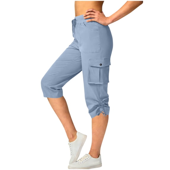 Cekizud Womens Capri Pants Drawstring Stretch Pull On Outdoor Cargo Capri Trousers,Sizes S-2XL