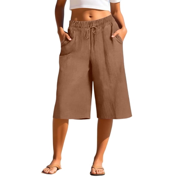 Cekizud Womens Capri Pants Solid Drawstring Waist Breathable Wide Leg Cropped Pants,Sizes S-2XL