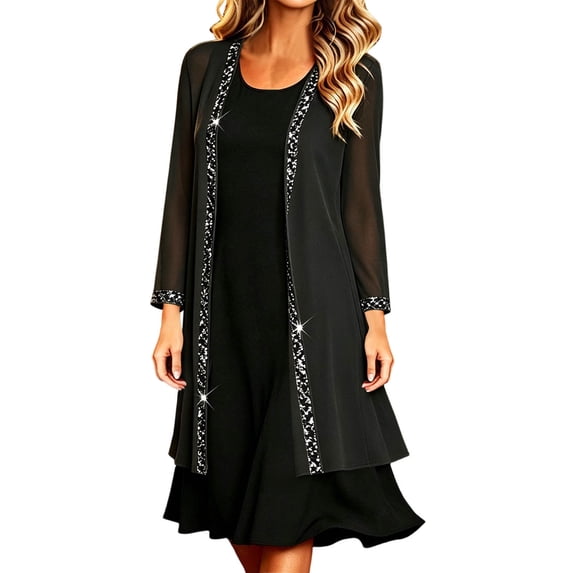 Cekizud Womens Cardigan Long Sleeve Chiffon Open Front Rhinestone Trim Party Outerwear Tops, S-3XL