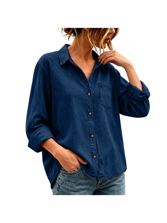 Womens Denim Shirt Jacket Button Down Collared Long Sleeve Loose Fit Casual Chambray Blouse, S-3XL