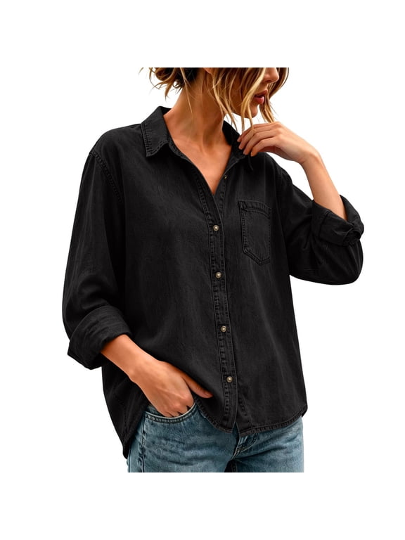 Womens Denim Shirt Jacket Button Down Collared Long Sleeve Loose Fit Casual Chambray Blouse, S-3XL