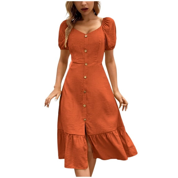 Cekizud Womens Dresses Puff Sleeve Button Down Style Sweetheart Neck ...