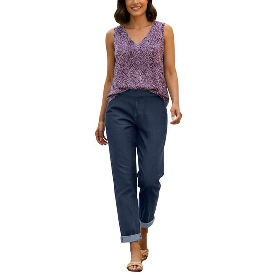 Cekizud Womens Jeans Casual Denim-Look Straight Leg High Waisted Comfy Rolled Cuff Cropped Pants,Size S-2XL