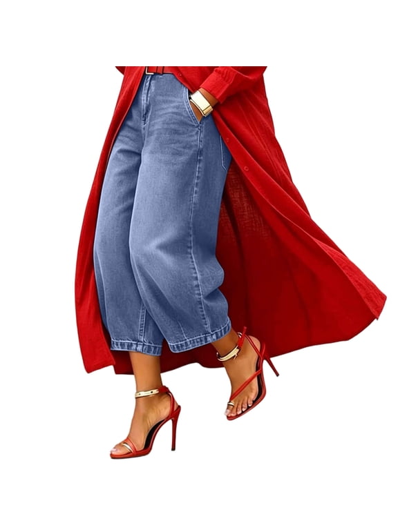 Womens Jeans Casual High Waist Wide Leg Denim Loose Jeans with Pockets, S-2XL