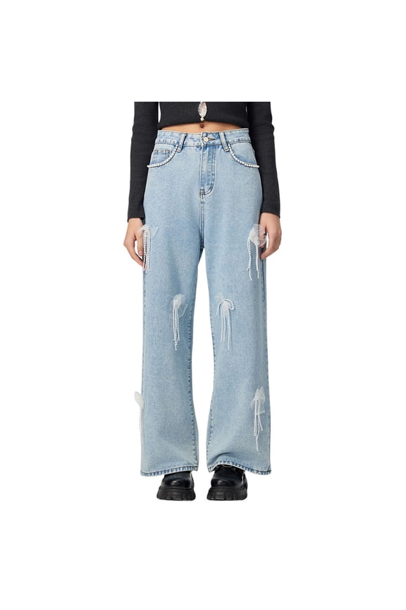 Womens Jeans Cute High Waist Wide Leg Bow Chain Decorated Denim Trousers,Size XS-XL